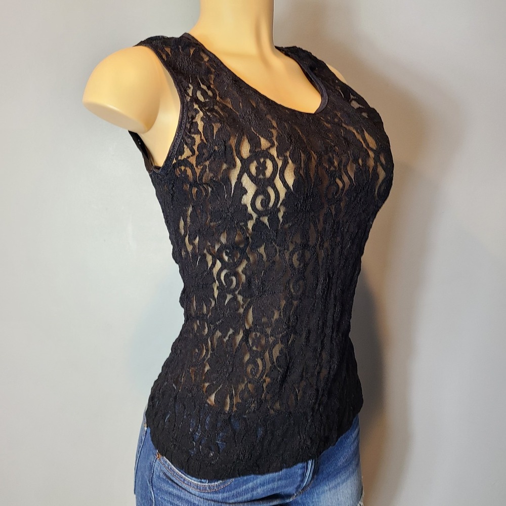 Vtg Y2K‎ Sheer Stretchy Lace Dainty Black Fairy Goth Top Sz L 90s Floral Grunge - Picture 3 of 10